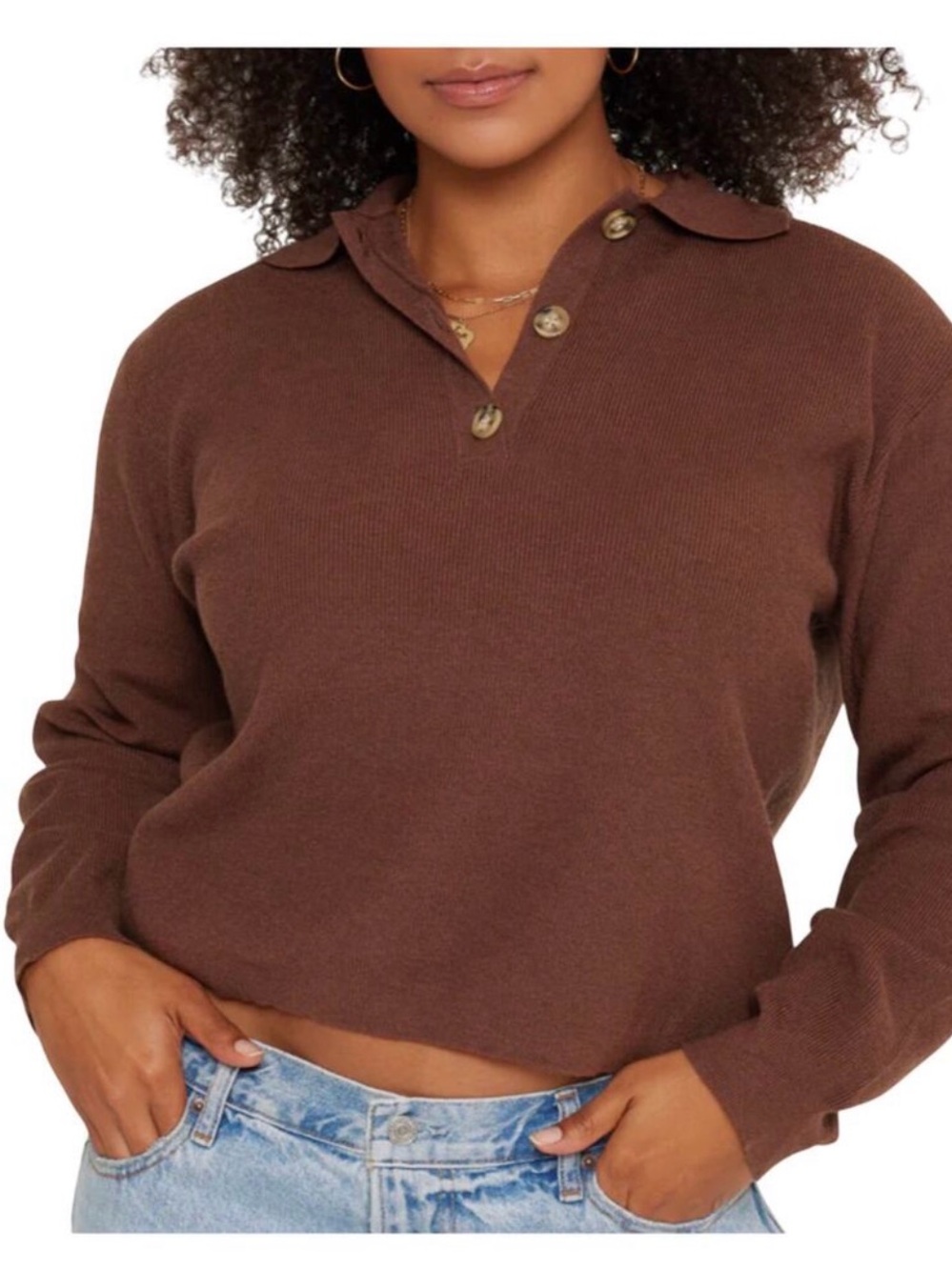SET Active Chocolate Brown Button-Trim Knit Polo Sweater